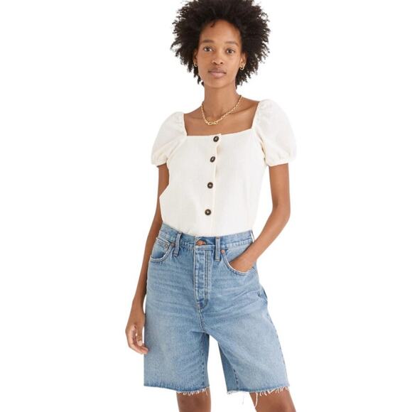 Madewell Jacquard Square Neck Puff Sleeve Top Cotton Blend Button-Down Size S - Picture 2 of 7